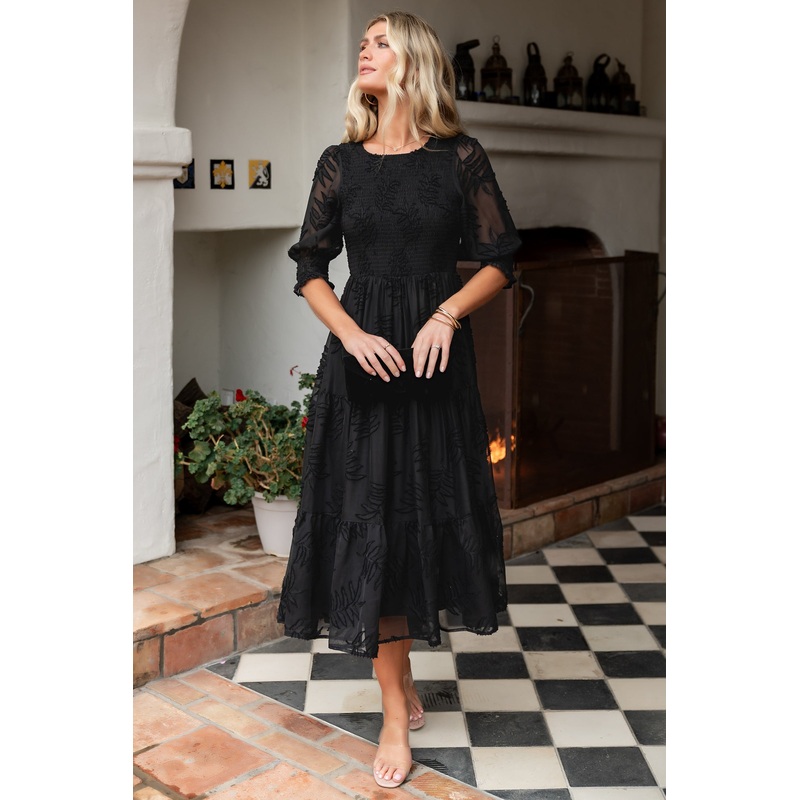 Nellie Smocked Midi Dress | Black