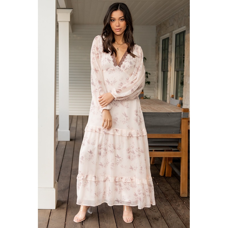 Rumi Deep V Maxi Dress | Beige + Clove Floral