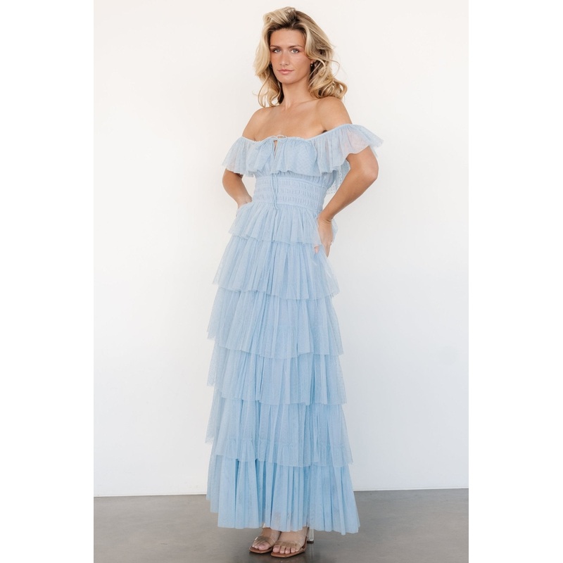 Valora Swiss Dot Tulle Maxi Dress | Light Blue