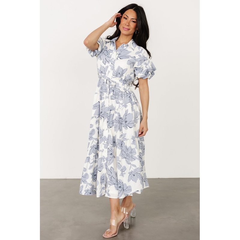 Albany Button Dress | Ivory + Blue