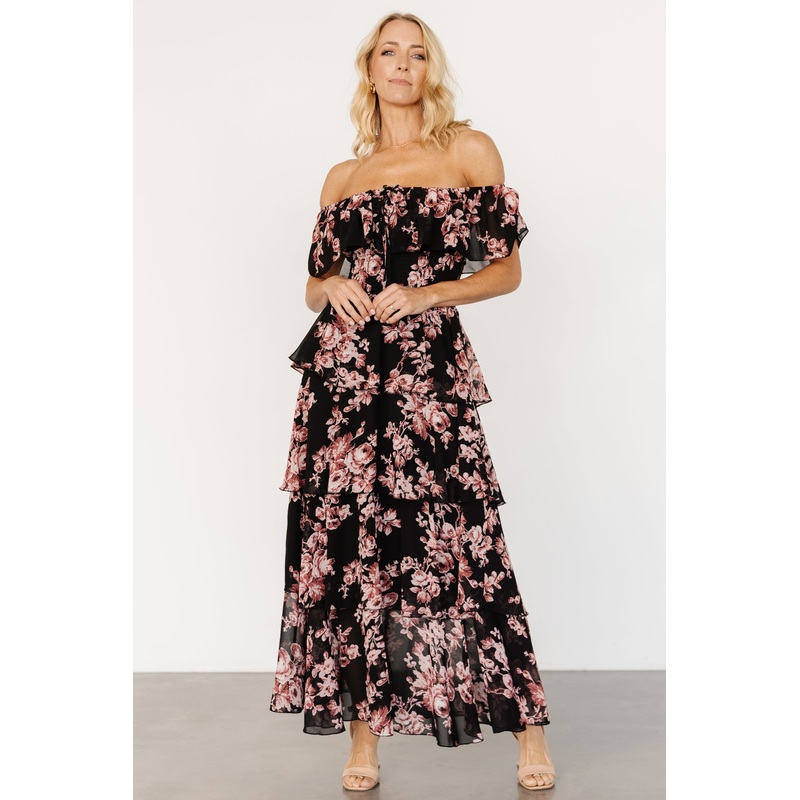 Carina Off Shoulder Maxi Dress | Black + Mauve Floral