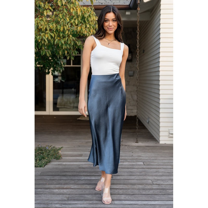 Celeste Satin Midi Skirt | Steel Blue