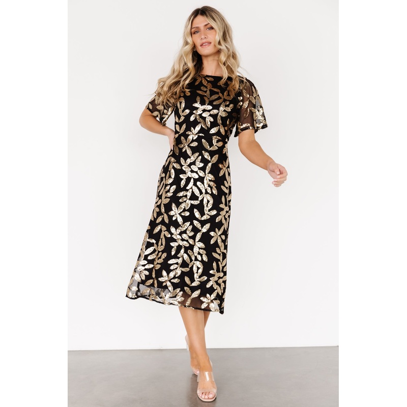Deanna Sequin Midi Dress | Black + Gold