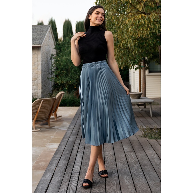 Demetria Pleated Midi Skirt | Steel Blue