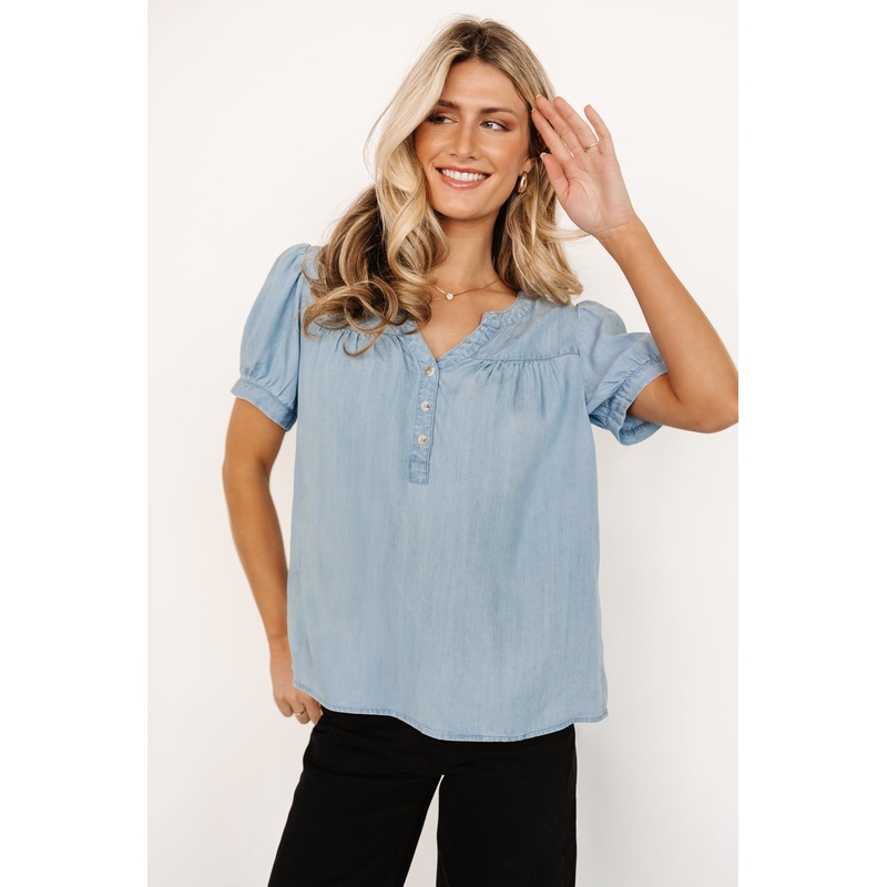 Dori Button Top | Washed Blue|XS|S|M|L|XL|1XL|2XL|3XL