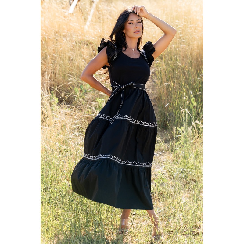 Elisa Embroidered Midi Dress | Black