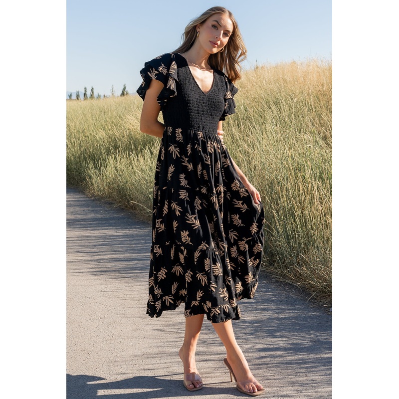 Estelle Smocked Midi Dress | Black + Tan Print
