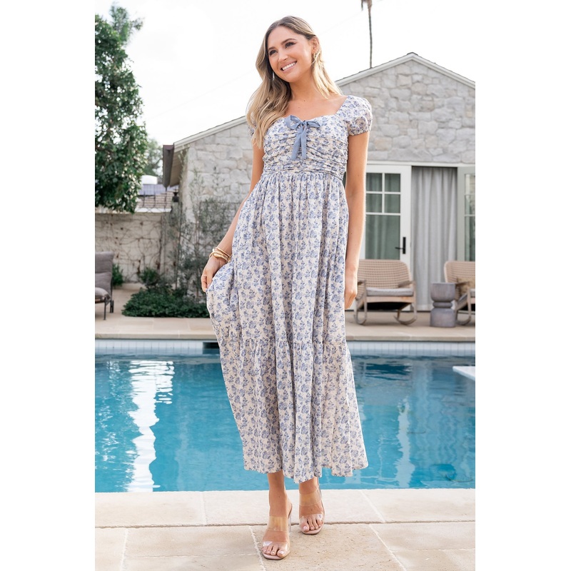 Haven Bow Dress | Ivory + Blue Floral