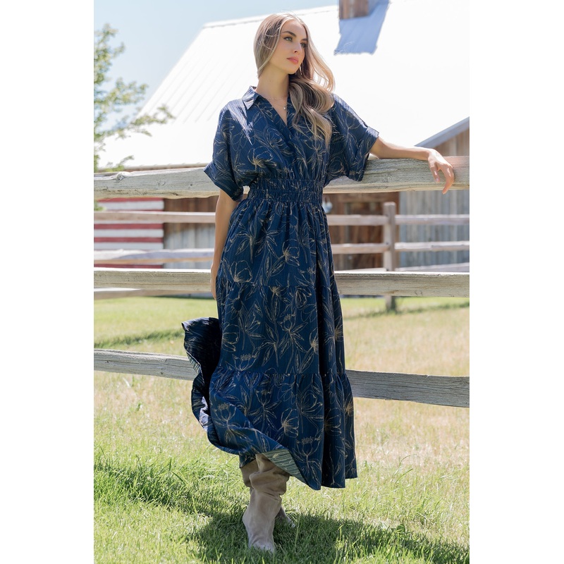 Hedda Tiered Maxi Dress | Deep Blue + Natural Floral