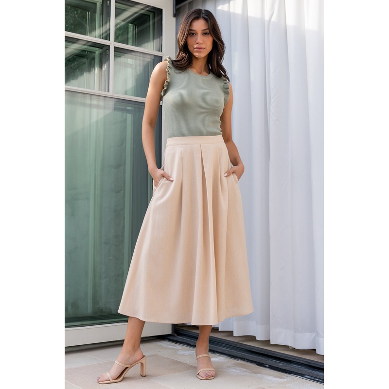 Katie Pleated Midi Skirt | Natural