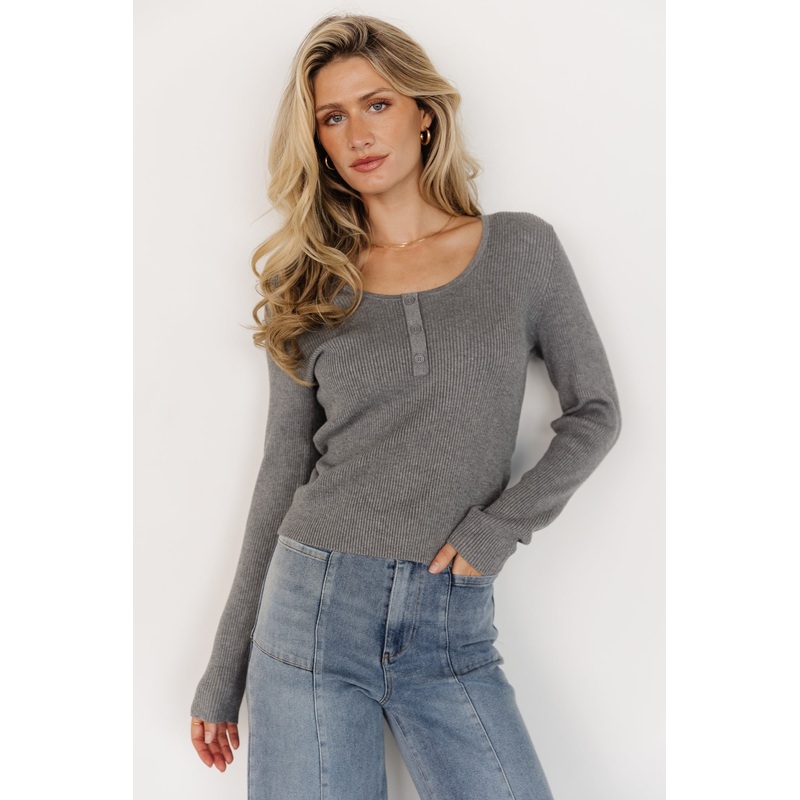 Leo Ribbed Henley Top | Gray|S|M|L|XL