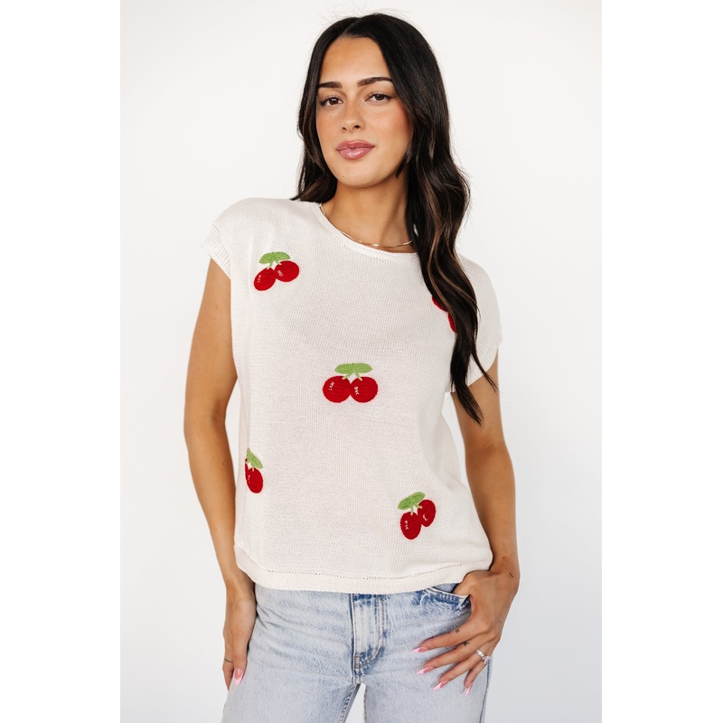 Lexie Knit Top | Cream + Cherry Applique