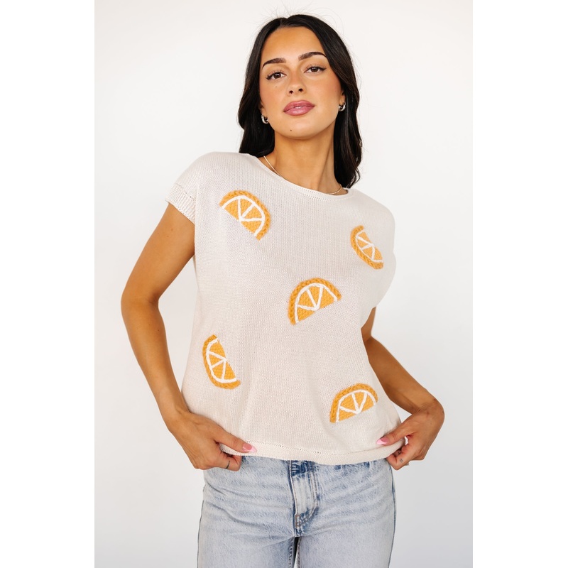 Lexie Knit Top | Cream + Orange Applique