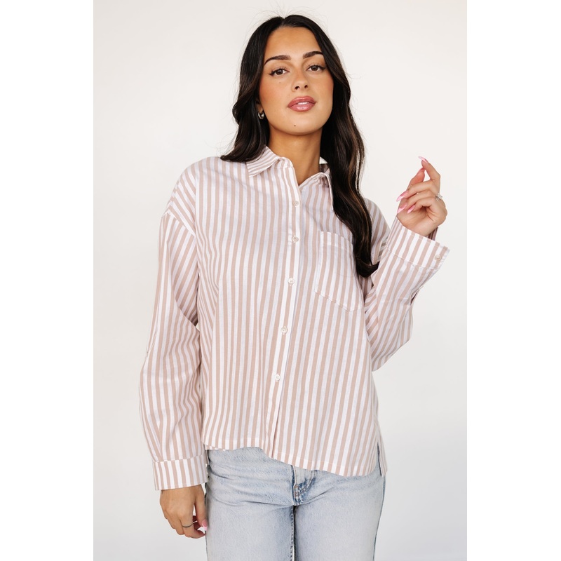 Shasta Button Up Top | Beige Stripe