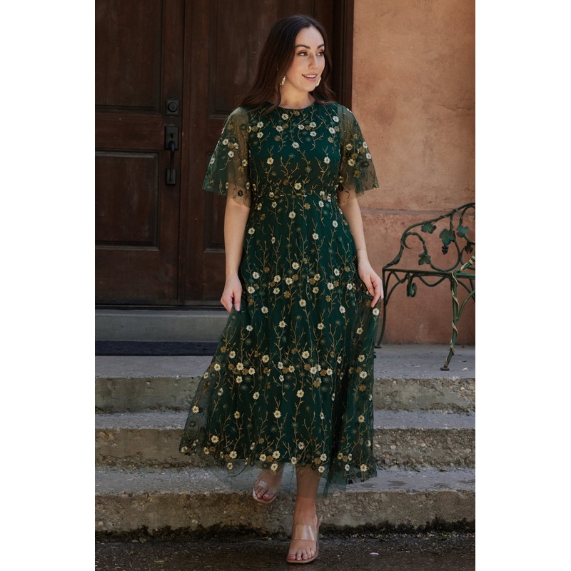 Arabella Embroidered Tulle Maxi Dress | Dark Green Floral