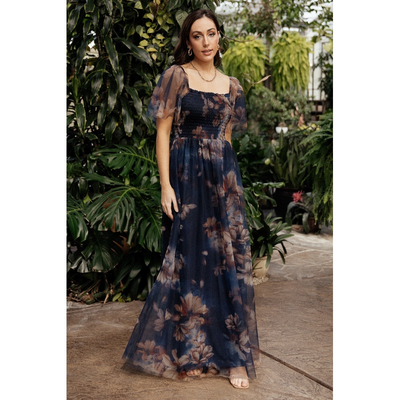 Cassandra Tulle Maxi Dress | Dark Blue Floral
