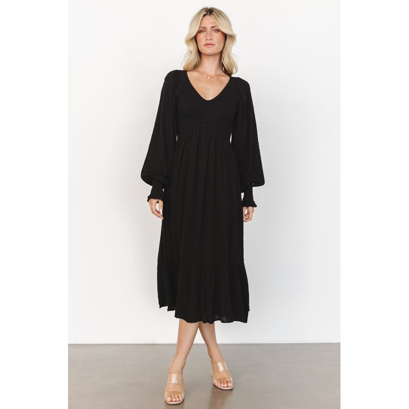 Lainey Smocked Dotted Midi Dress | Black