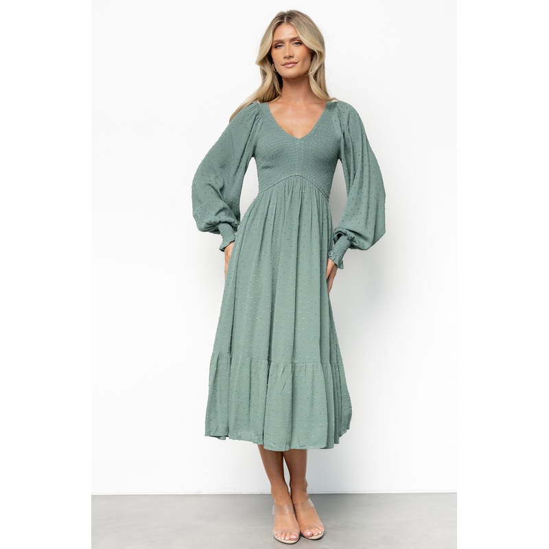 Lainey Smocked Dotted Midi Dress | Dark Sage