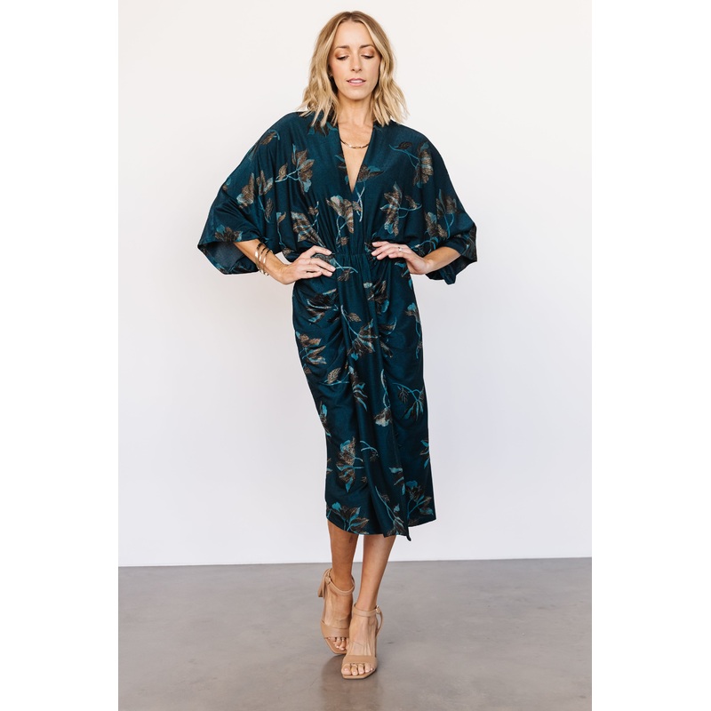 Shaneen Ruched Midi Dress | Jade Floral Shimmer