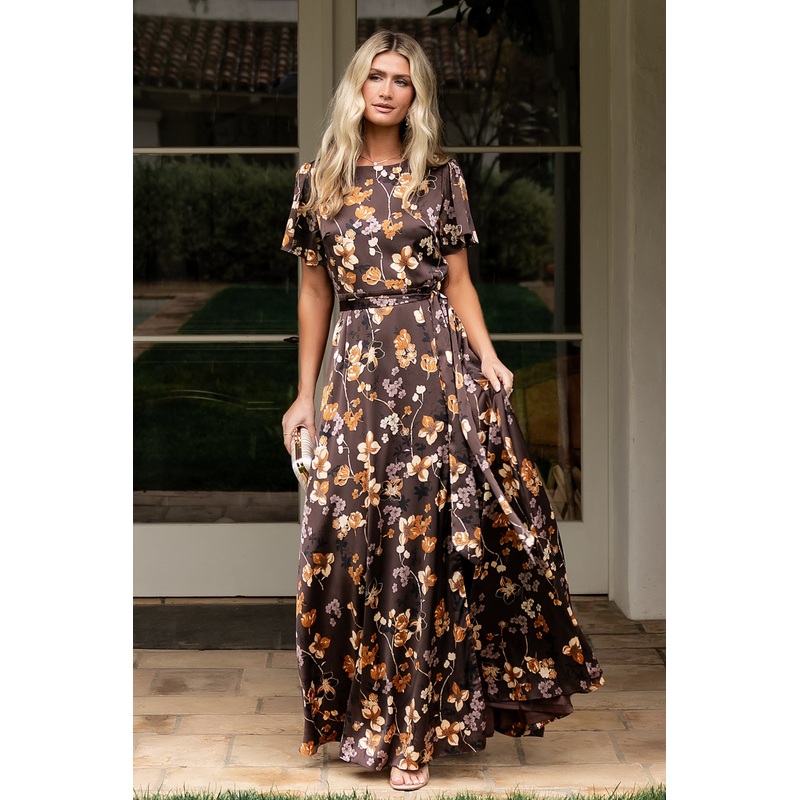 Agnes Satin Maxi Dress | Brown Floral