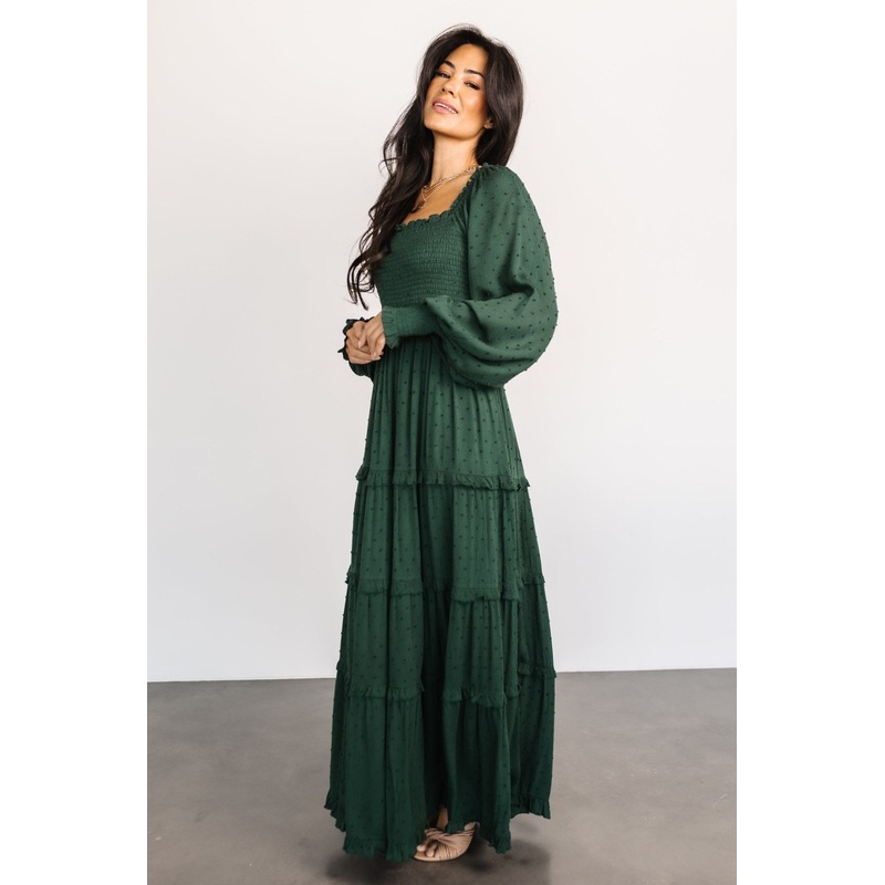 Amanda Smocked Dotted Maxi Dress | Evergreen