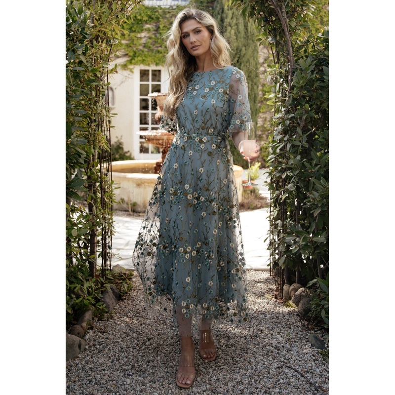 Arabella Embroidered Tulle Maxi Dress | Dusty Blue Floral