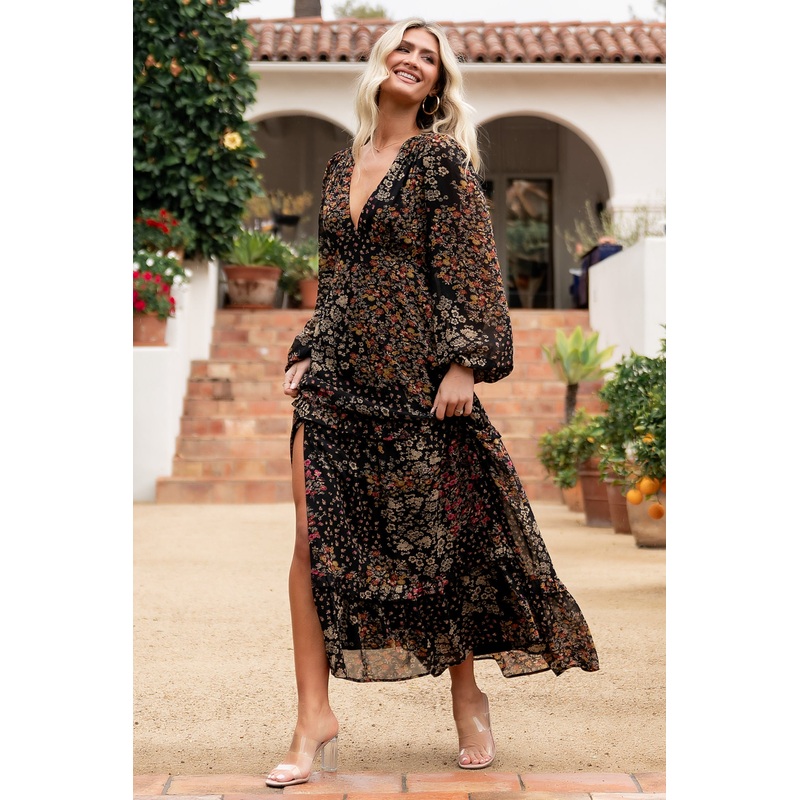 Bowman Deep V Maxi Dress | Black Multi