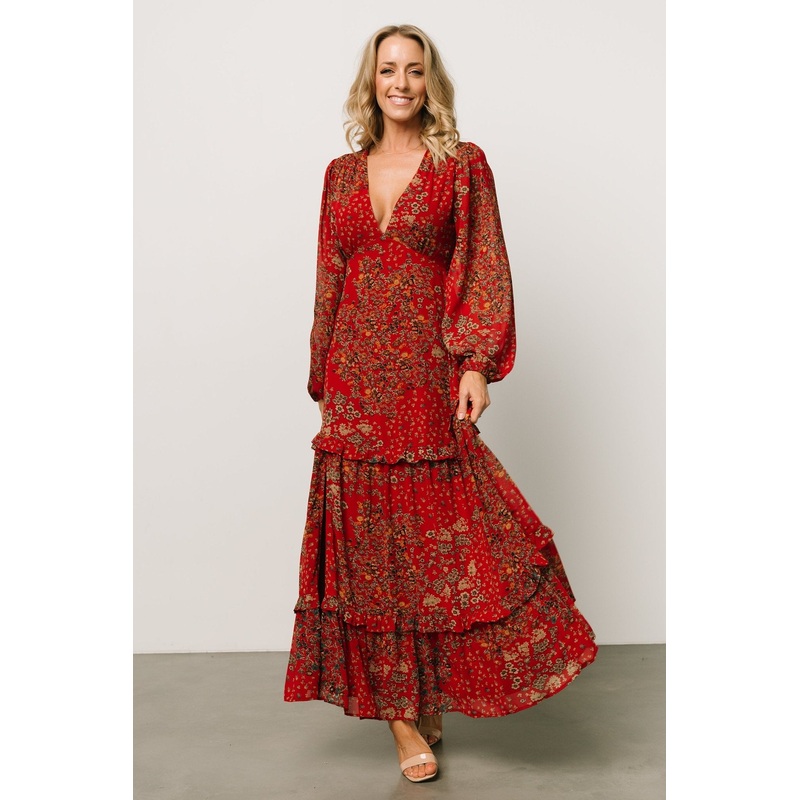 Bowman Deep V Maxi Dress | Red Multi