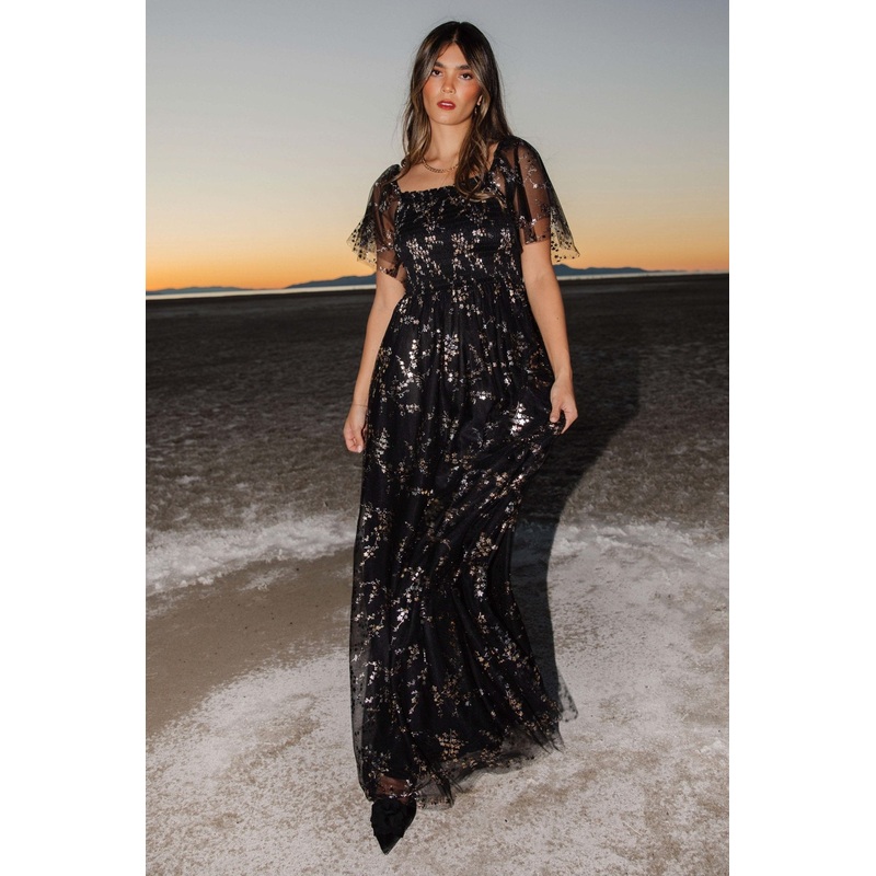 Cassandra Tulle Maxi Dress | Metallic Black