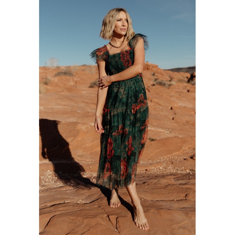 Clementine Tulle Midi Dress | Dark Green Floral
