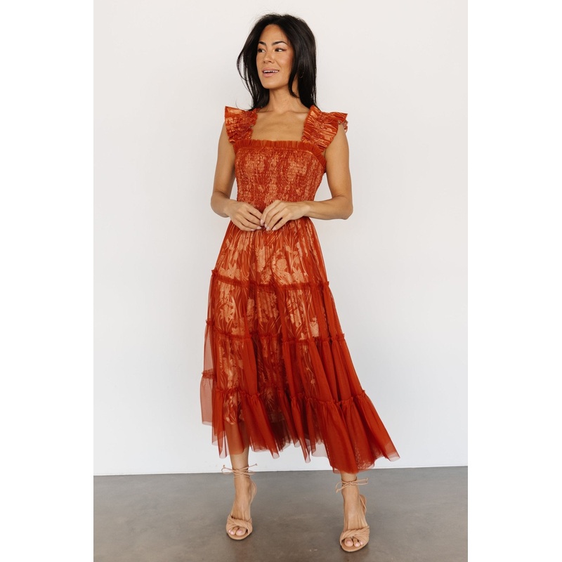 Cora Smocked Tulle Dress | Rust Floral