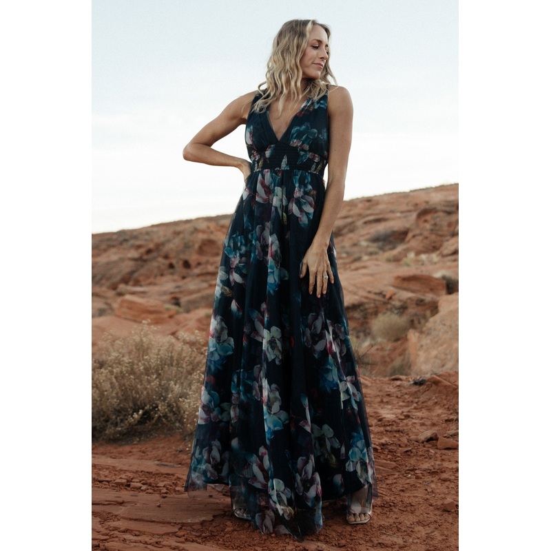 Kamila Tulle Maxi Dress | Navy Abstract Floral