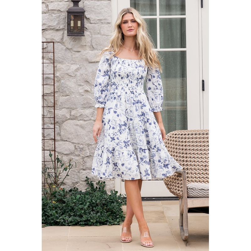 Marta Smocked Midi Dress | White + Blue