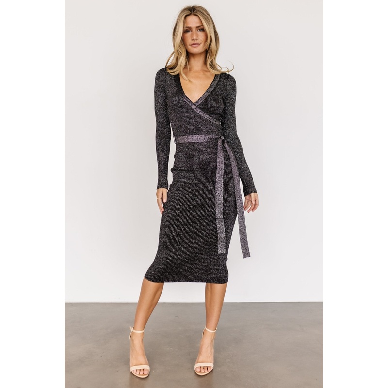 Nancy Ribbed Shimmer Midi Dress | Black