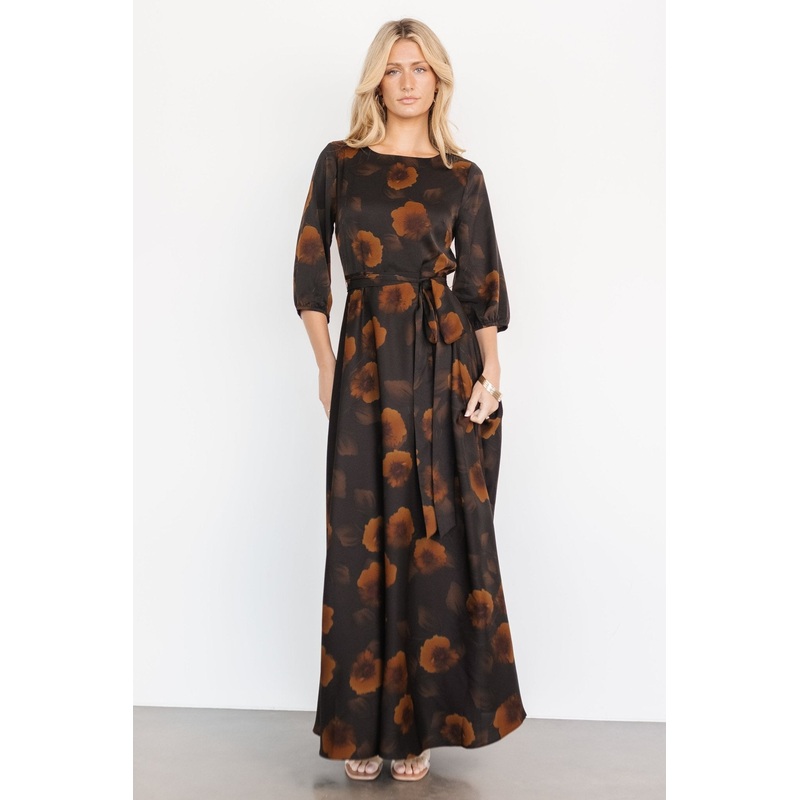 Paula Satin Maxi Dress | Deep Brown Floral
