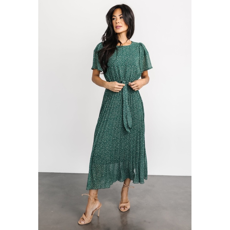 Prim Pleated Dress | Green Print