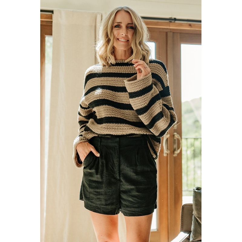 Robbie Striped Knit Sweater | Black + Camel