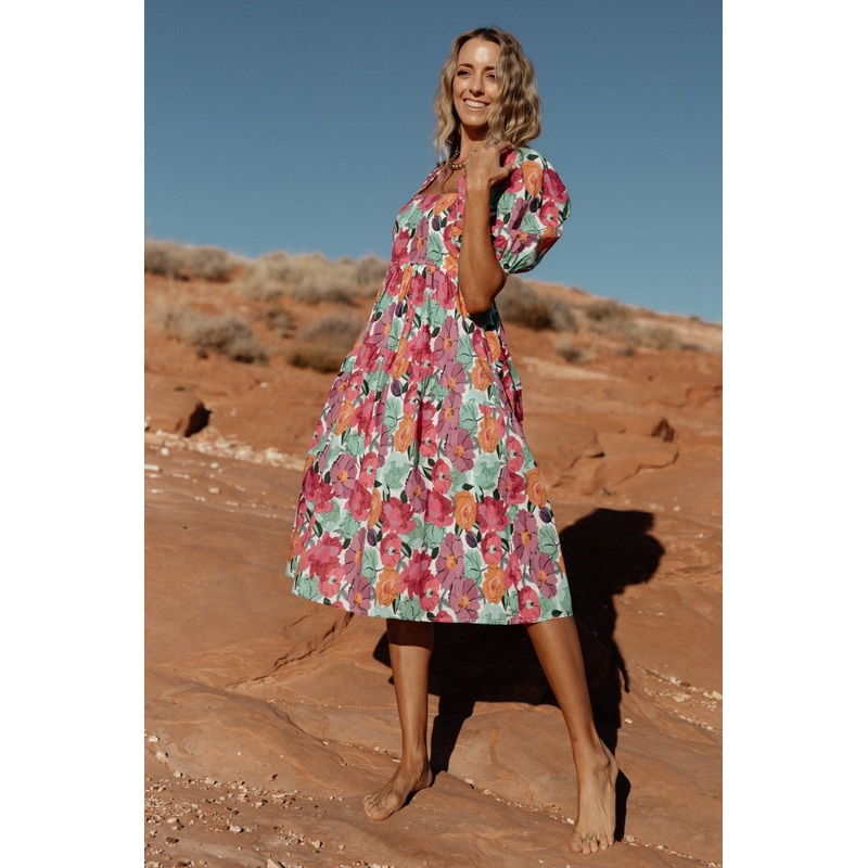 Aimee Puff Sleeve Midi Dress | Pink Multi