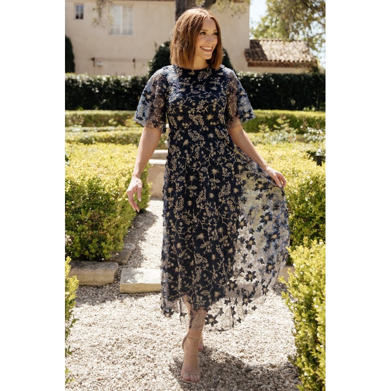 Arabella Embroidered Tulle Maxi Dress | Navy + Gold