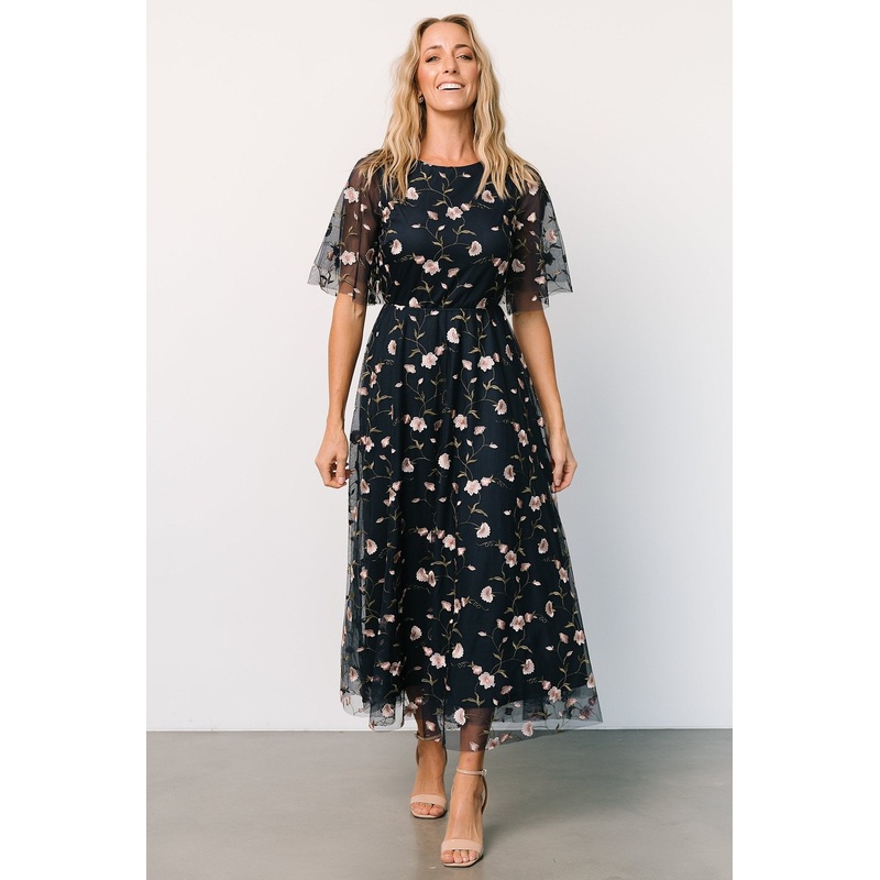 Arabella Embroidered Tulle Maxi Dress | Pink + Navy