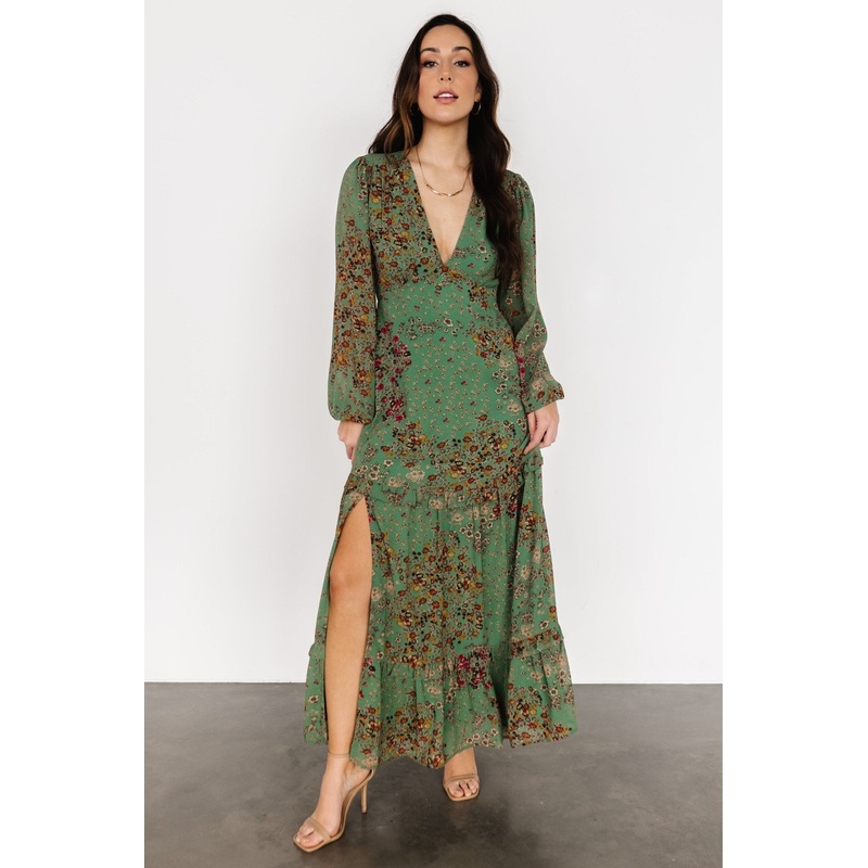 Bowman Deep V Maxi Dress | Green Multi