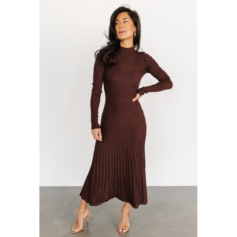 Jamelia Pleated Sweater Dress | Brown + Gold