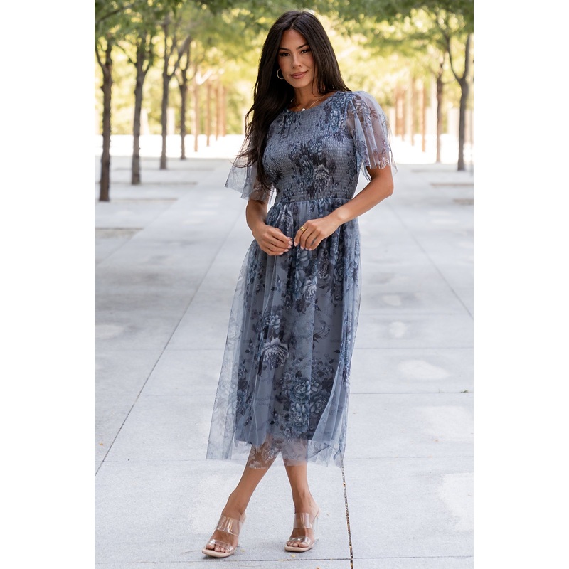 Josie Tulle Midi Dress | Dusty Blue Floral
