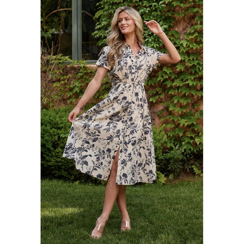 Lorna Midi Dress | Beige + Navy Print