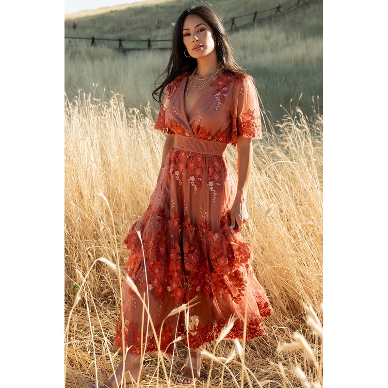 Lotte Embroidered Midi Dress | Rust