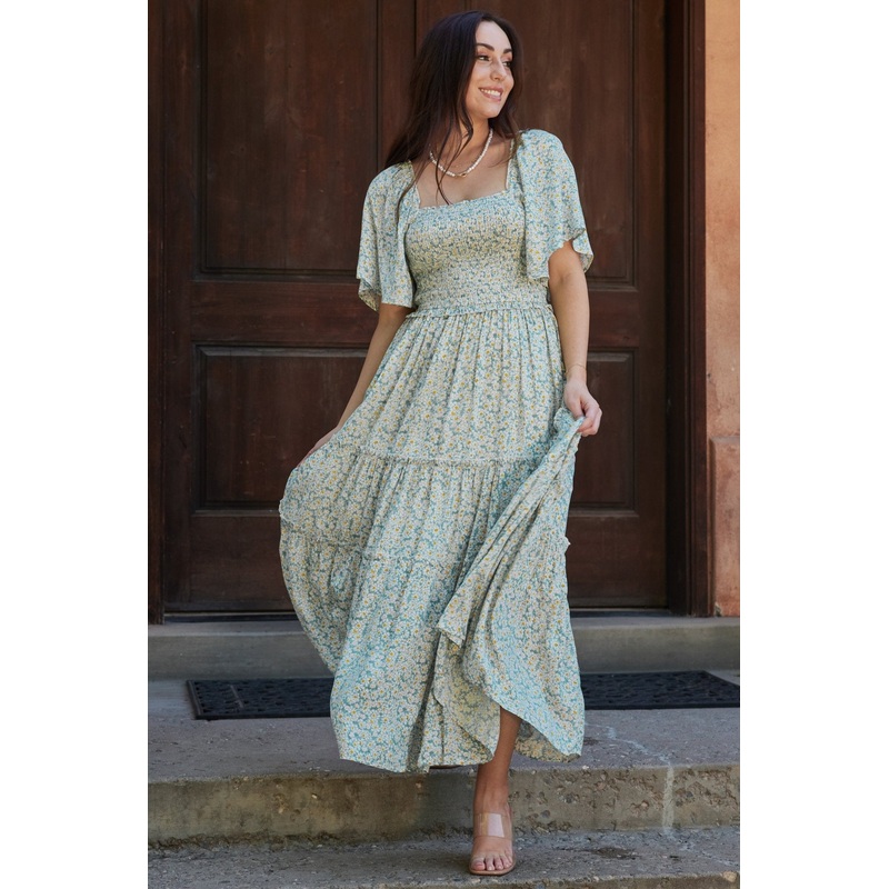 Regina Smocked Maxi Dress | Green Floral