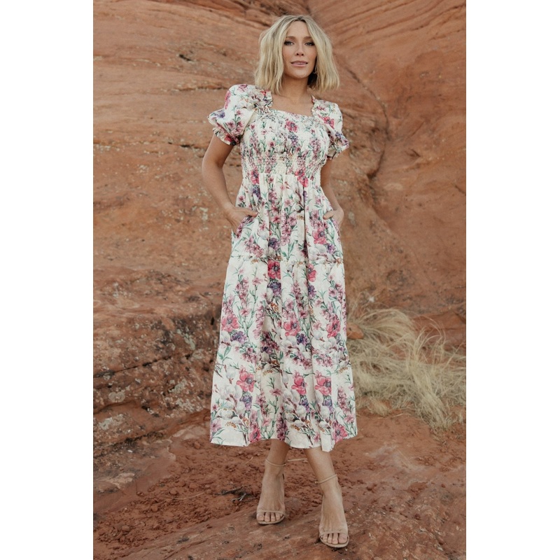 Tulsa Smocked Dress | Cream + Pink