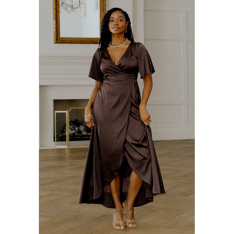 Vara Satin Maxi Wrap Dress | Espresso