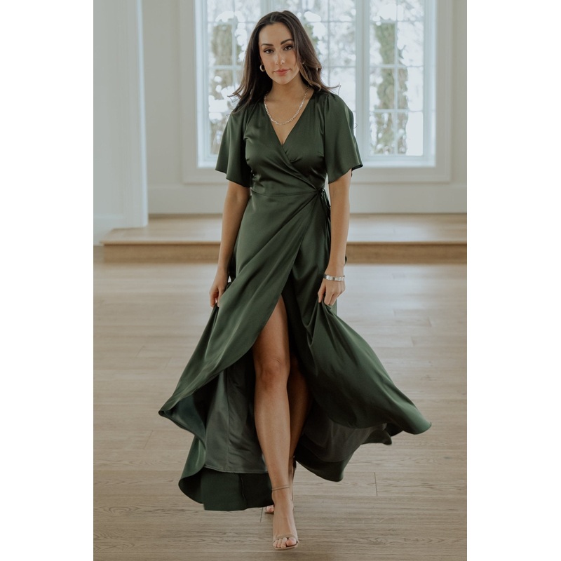 Vara Satin Maxi Wrap Dress | Juniper Green