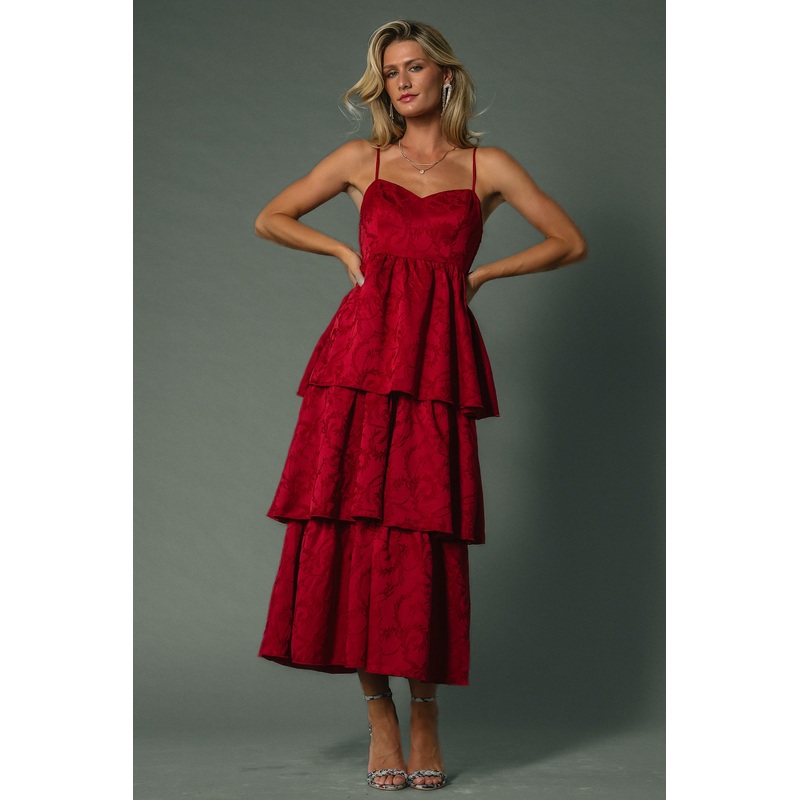 Violetta Embossed Tiered Dress | Deep Red